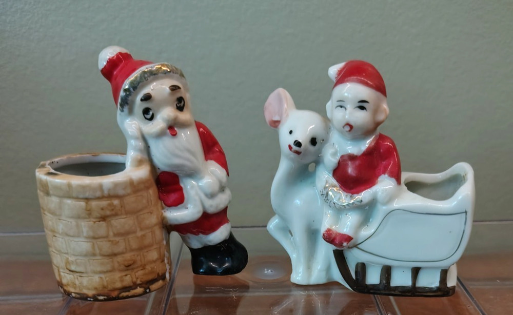 (2) Vtg Christmas Planter Toothpick Holder Santa Sleigh Reindeer Elf Japan MCM